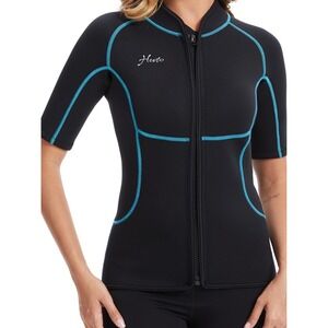 Herto Womens Neoprene Wetsuit Top Short Sleeve Front Zip Black Turquoise Size 8